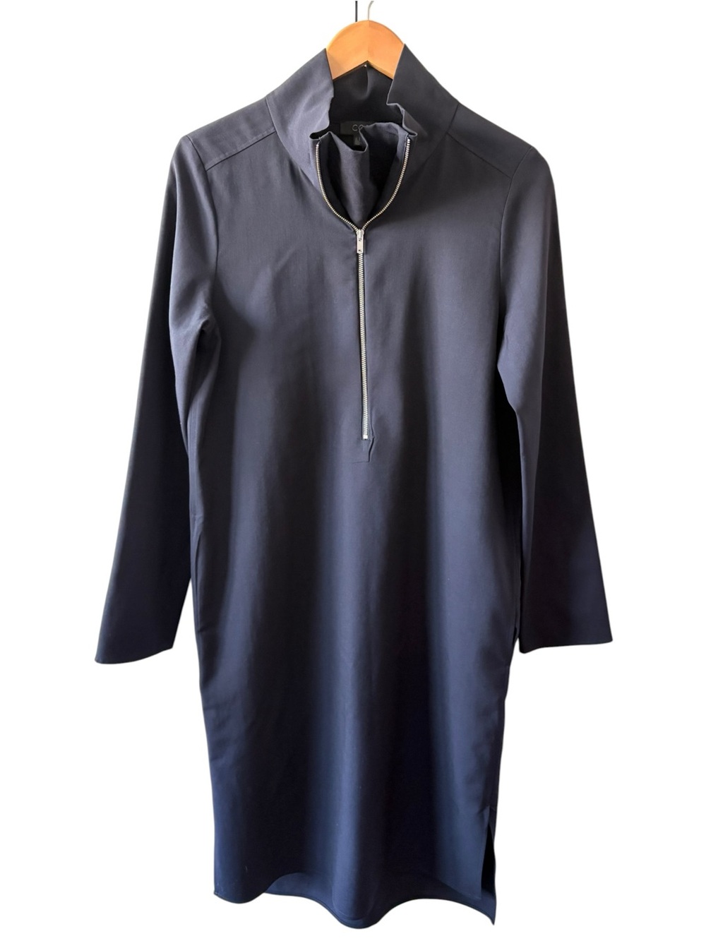 COS Navy Zip-Front Long Sleeve Wool Dress